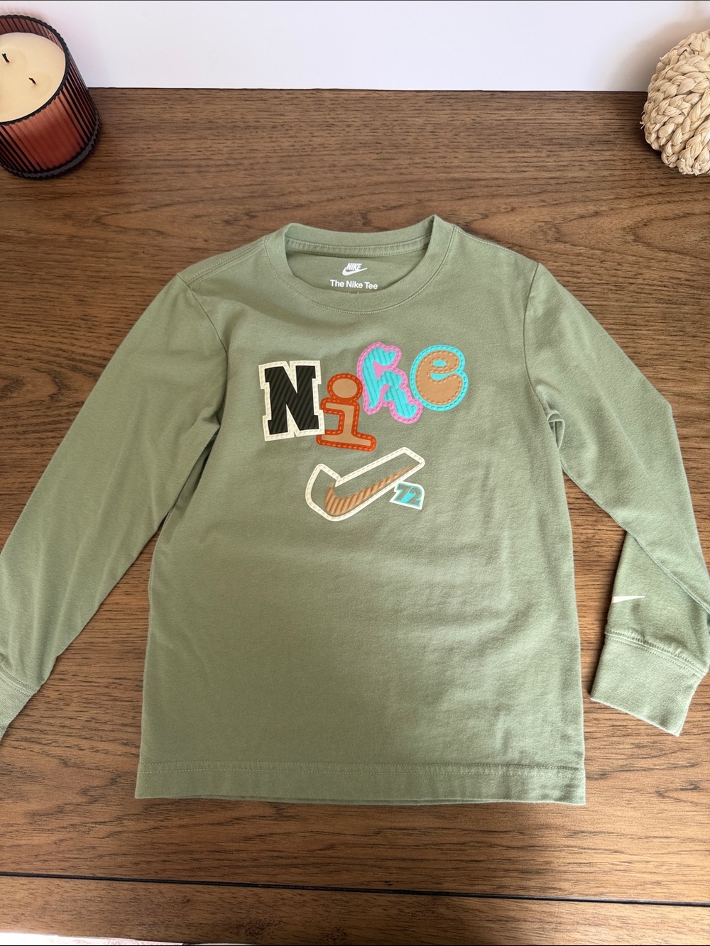 Nike Olive Green Long Sleeve Tee with Multicolor Patch Logo